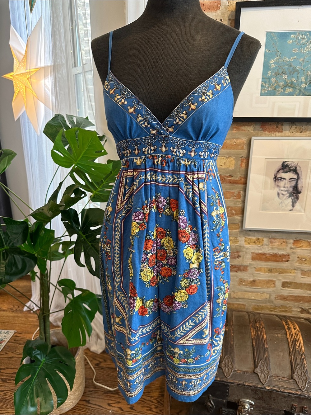 Zoompy Blue Floral Print Spaghetti Strap Linen Dress